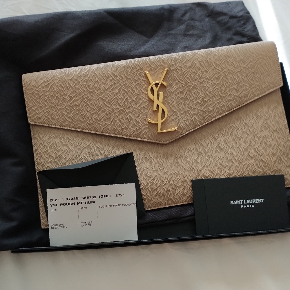 Saint Laurent Envelope Uptown Leather Clutch- Dark Beige